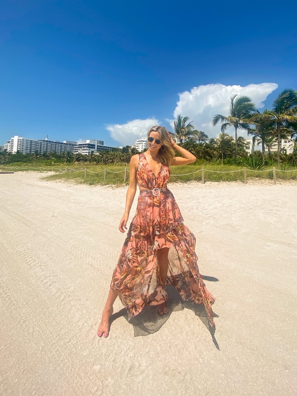 Floral High-Low V-Neck Maxi Dress in Coral